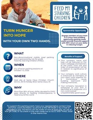 2026 Feed My Starving Children Flier, Santa Claus Christian Church, Oct. 1-3 2026